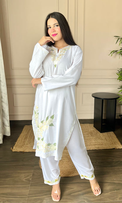 Basic White Aari Embroidered Cotton Co-ord Set