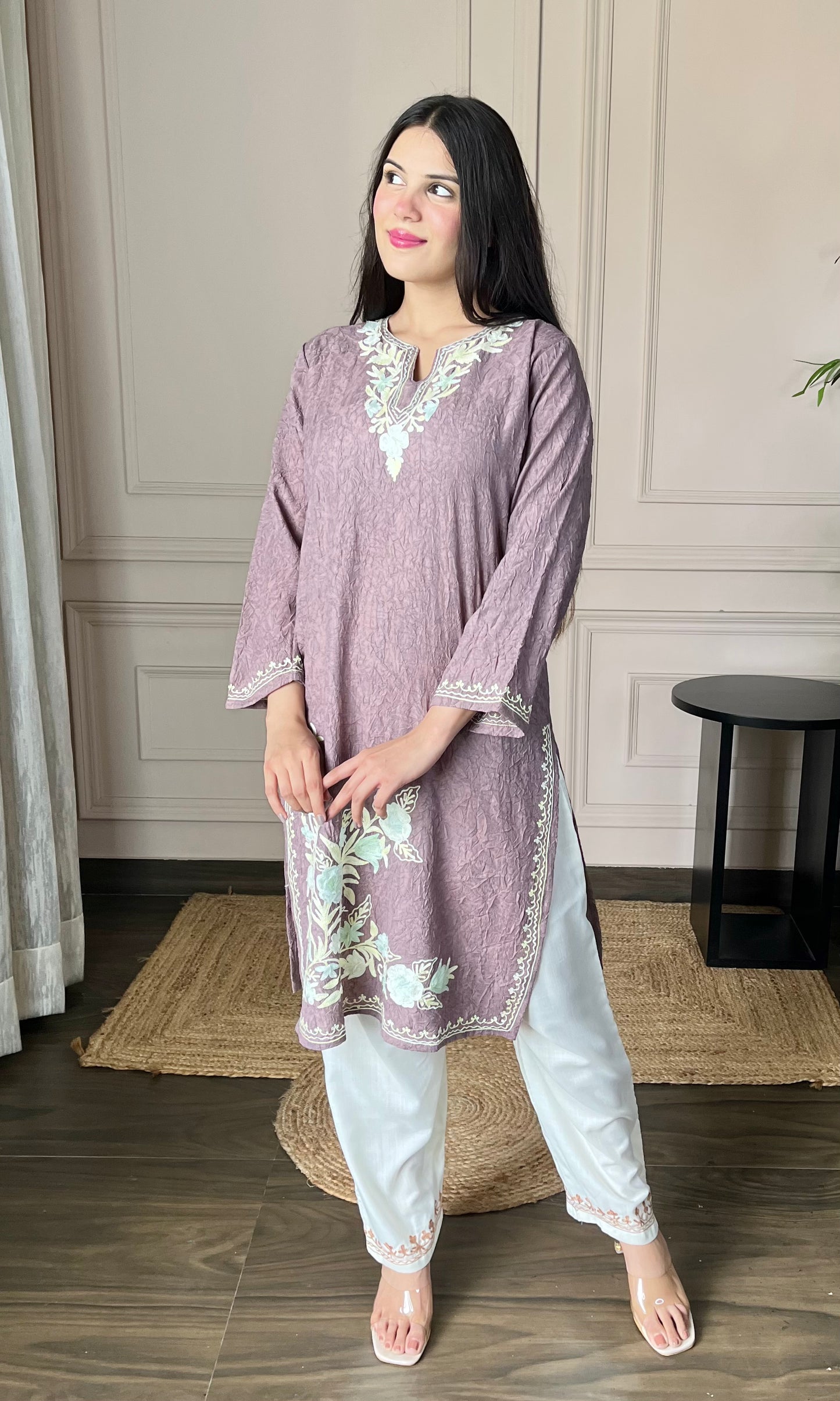 Mauve Aari Embroidered Crushed Cotton Kurti