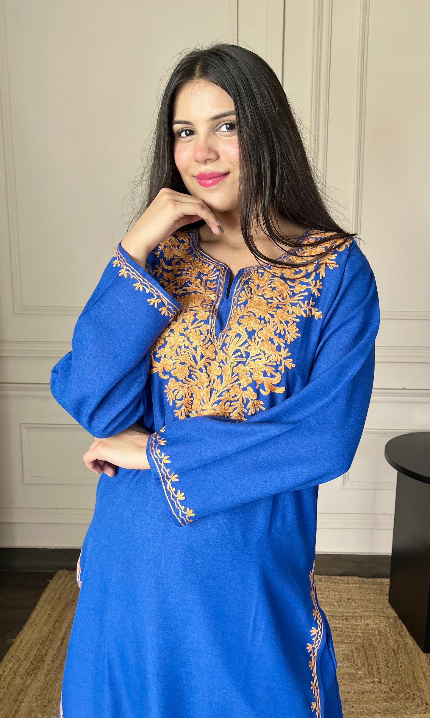 Blue Aari Embroidered Cotton Co-ord Set with Bronze Accents