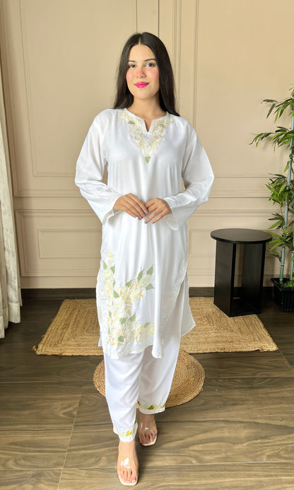 Basic White Aari Embroidered Cotton Co-ord Set