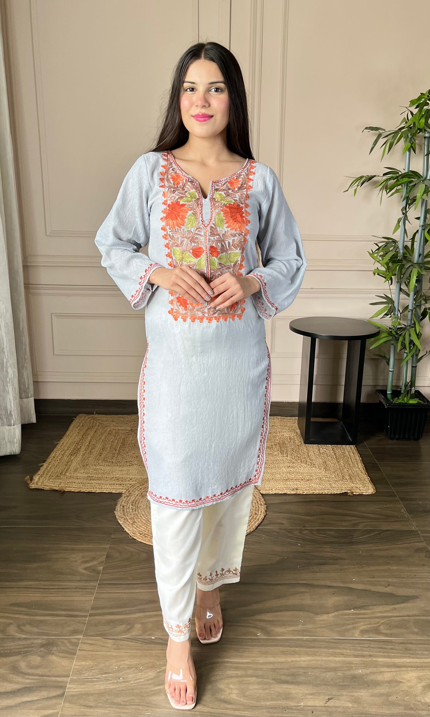 Grey Aari Embroidered Crushed Cotton Kurti