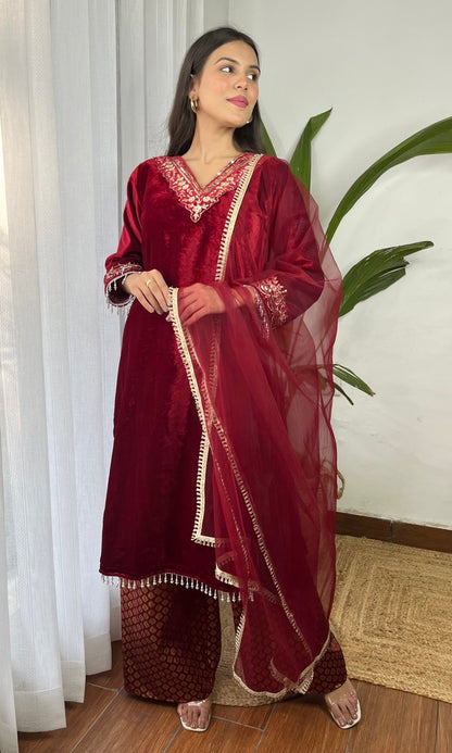 Wine Velvet Suit with Flowing Dupatta