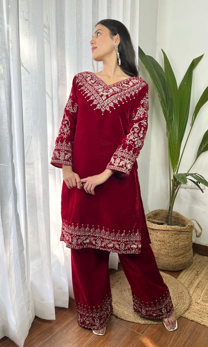 Red Velvet Suit with Flowing Dupatta