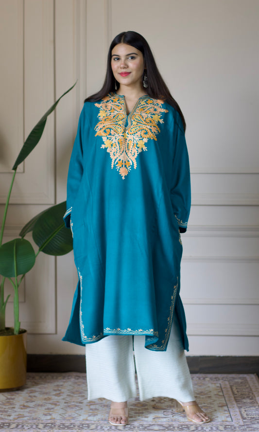 Golden Leaf Aari Embroidered Sea Green Fine Cashmilon Pheran