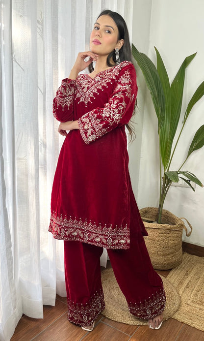 Red Velvet Suit with Flowing Dupatta