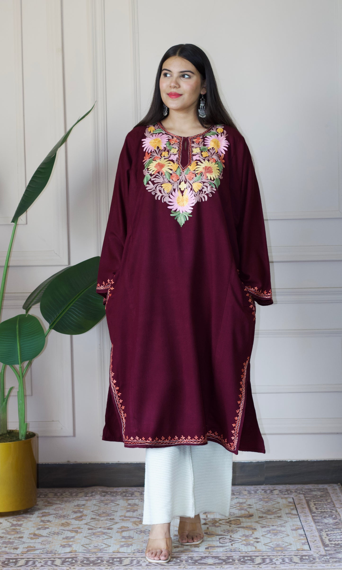 Floral Wine Aari Embroidered Fine Cashmilon Pheran
