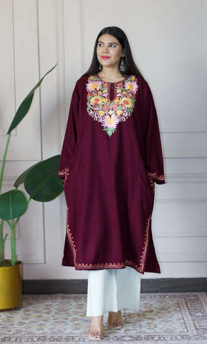 Floral Wine Aari Embroidered Fine Cashmilon Pheran