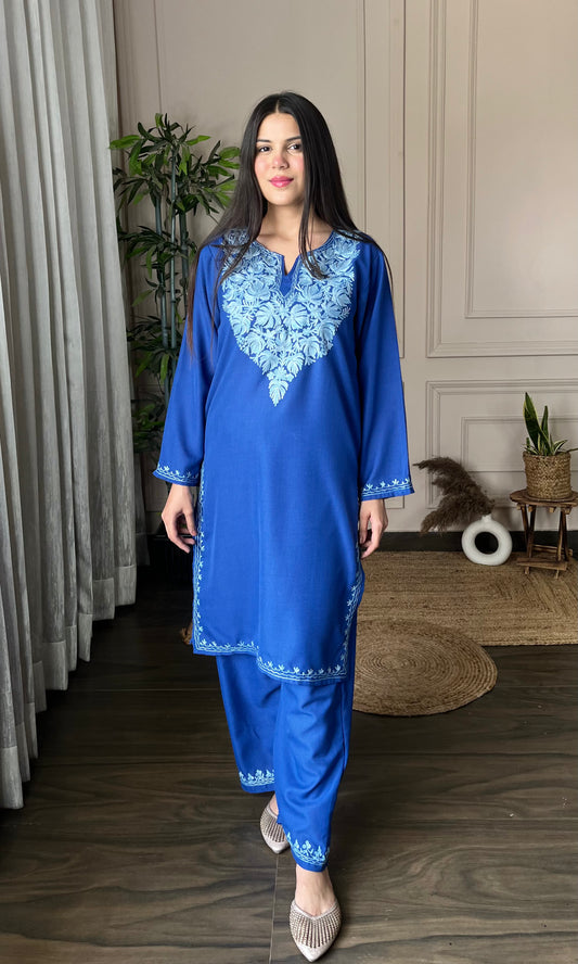 Blue Aari Embroidered Cotton Co-ord Set