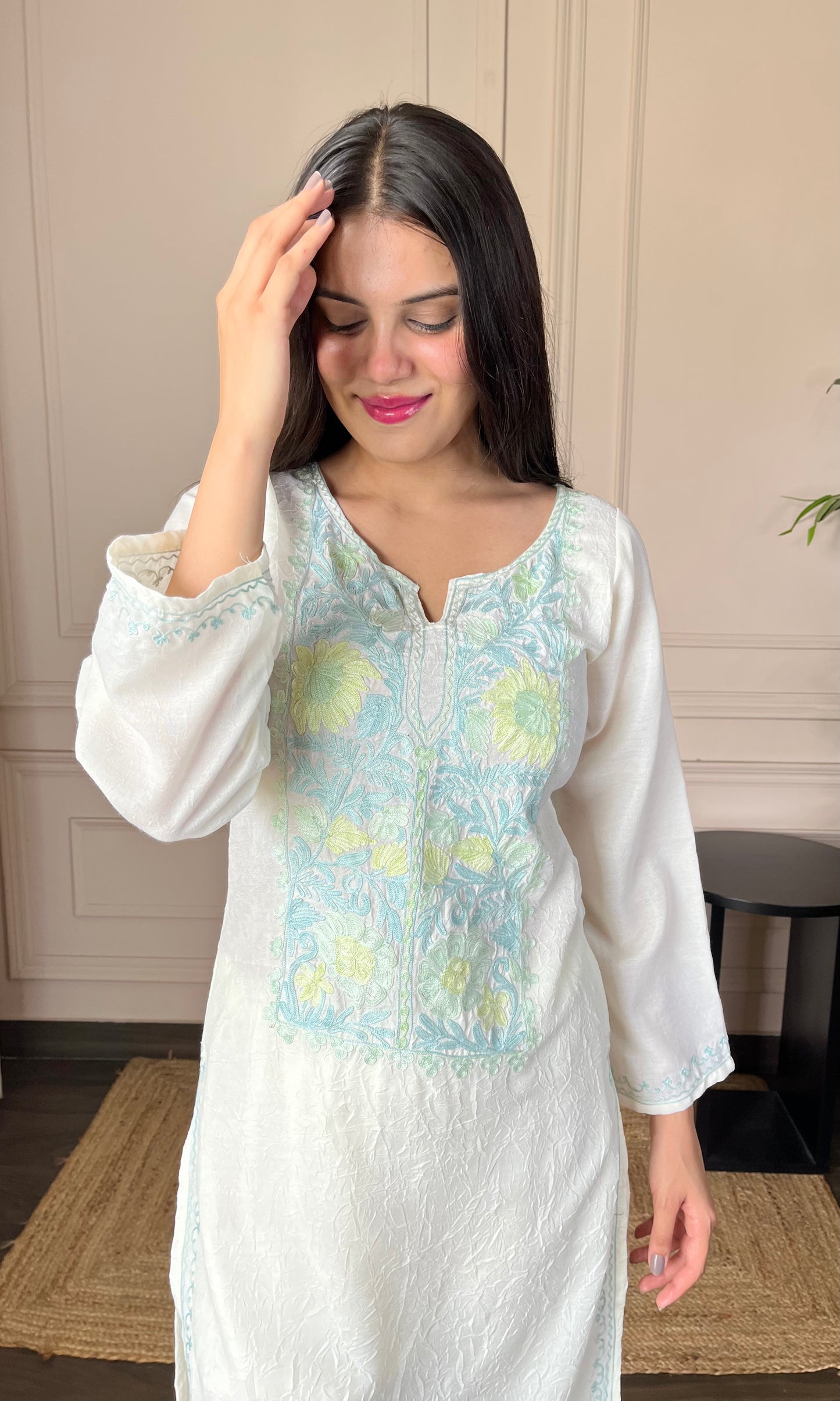 Summer Breeze Aari Embroidered White Crushed Cotton Kurti