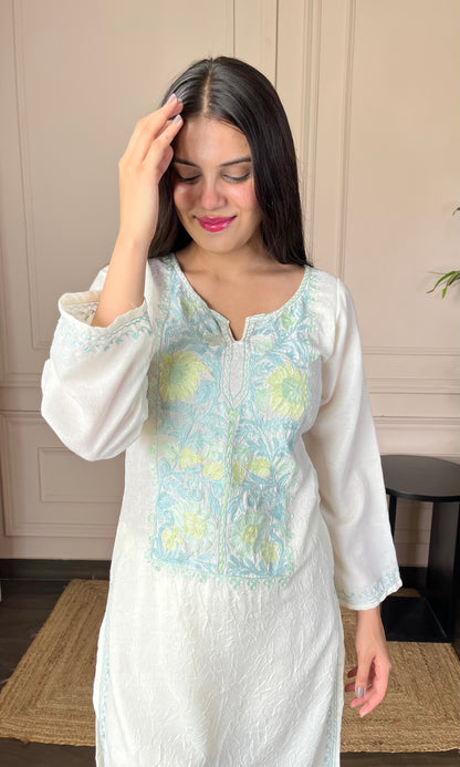 Summer Breeze Aari Embroidered White Crushed Cotton Kurti