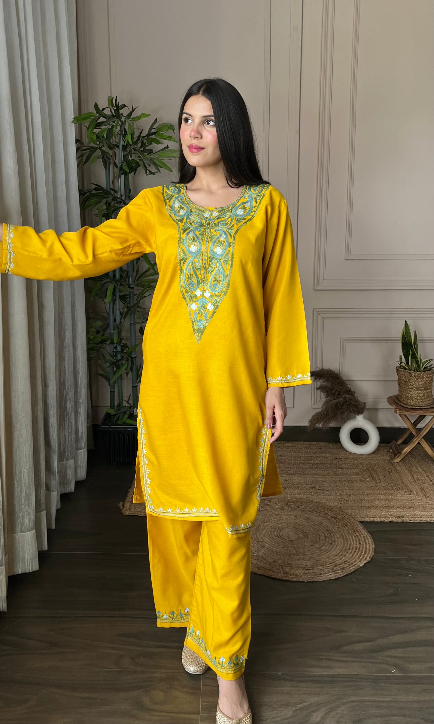 Mustard Aari Embroidered Cotton Co-ord Set