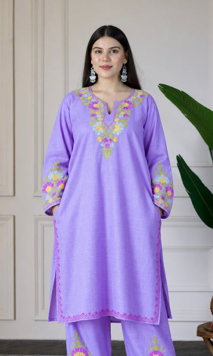 Lavender Kashmiri Aari Embroidered  Kurta Set
