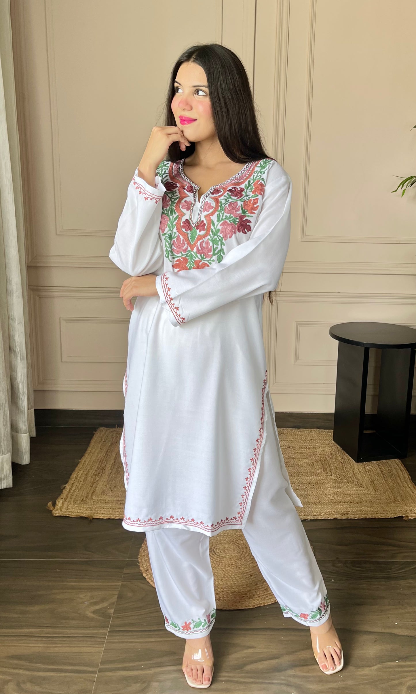 White Cotton Co-ord Set with Delicate Floral Aari Embroidery