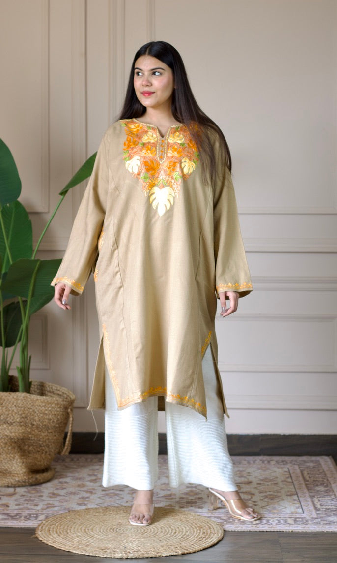 Beige Marigold Aari Embroidered Fine Cashmilon Pheran