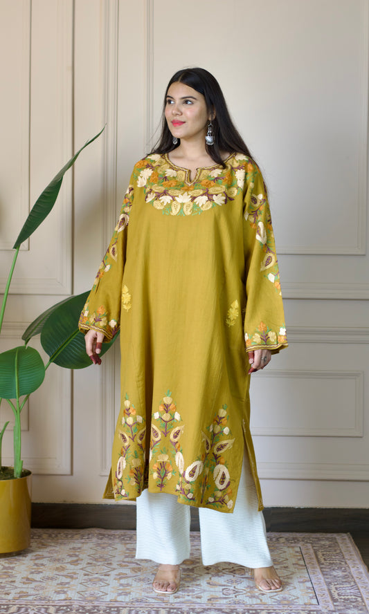 Mustard Aari Embroidered Wool Pheran