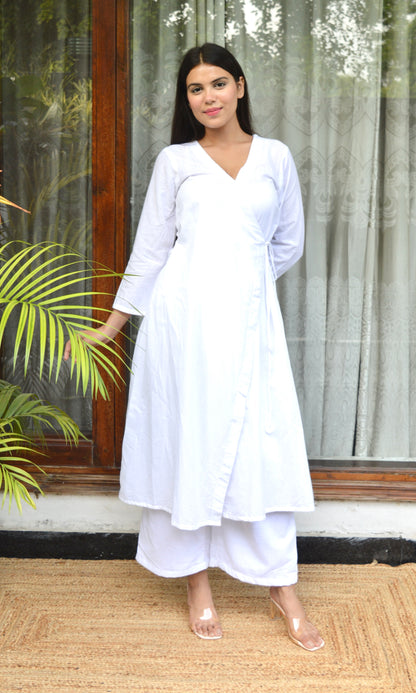 White Cotton Angrakha Kurta with Pants