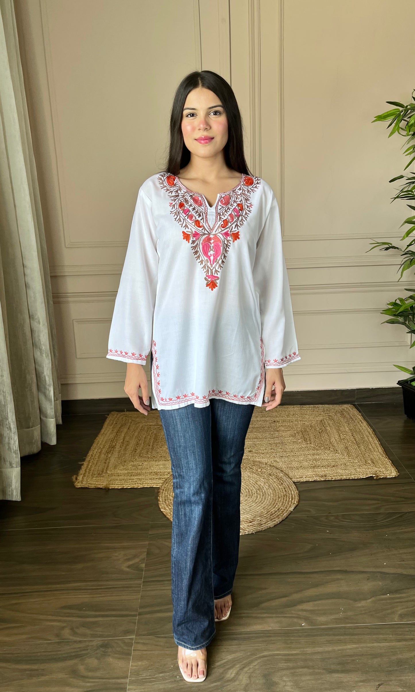 Multicolor Aari Embroidered White Short Kurti