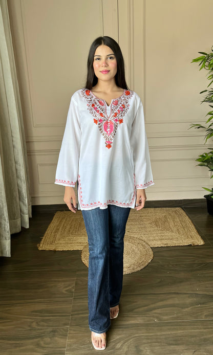 Multicolor Aari Embroidered White Short Kurti