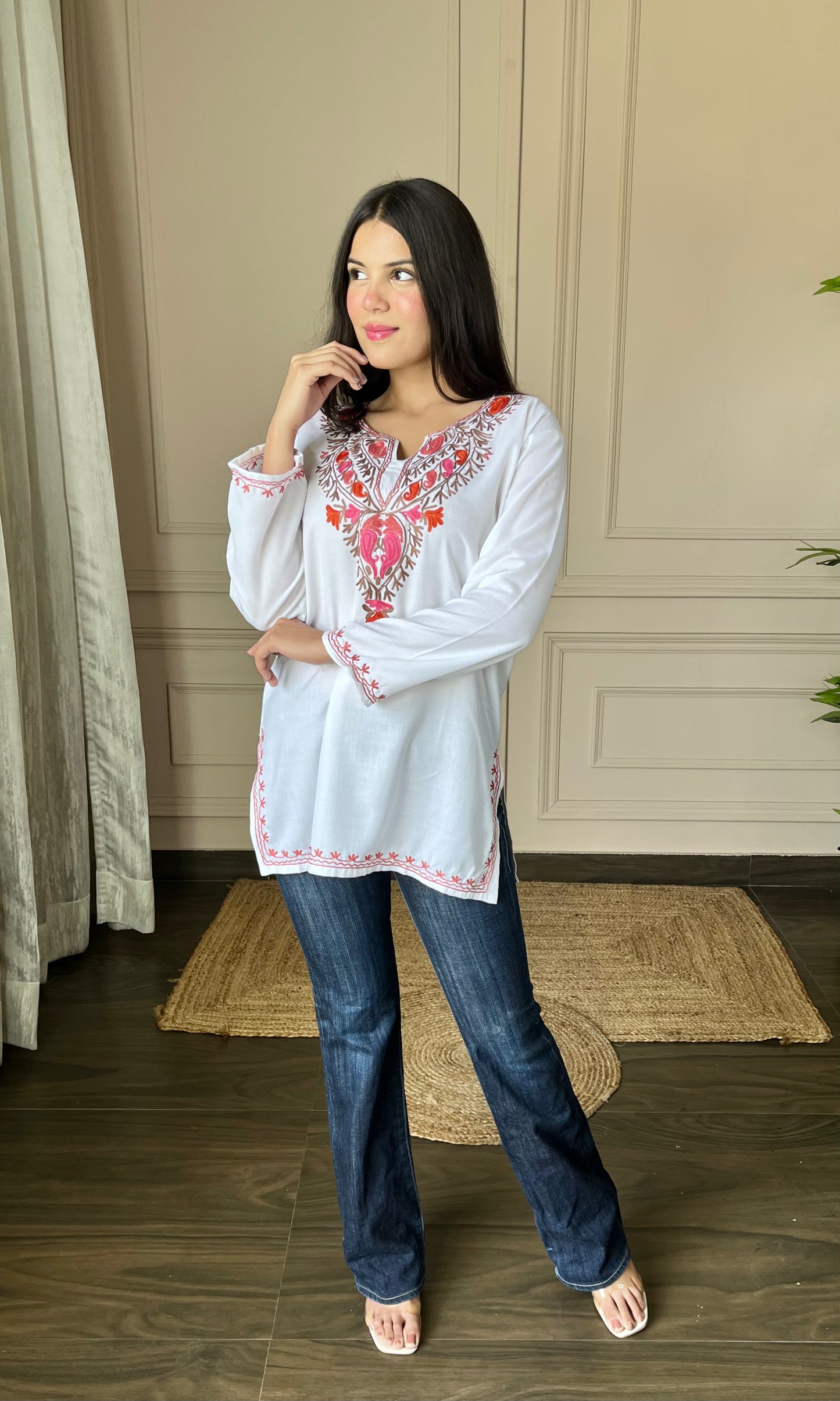 Multicolor Aari Embroidered White Short Kurti