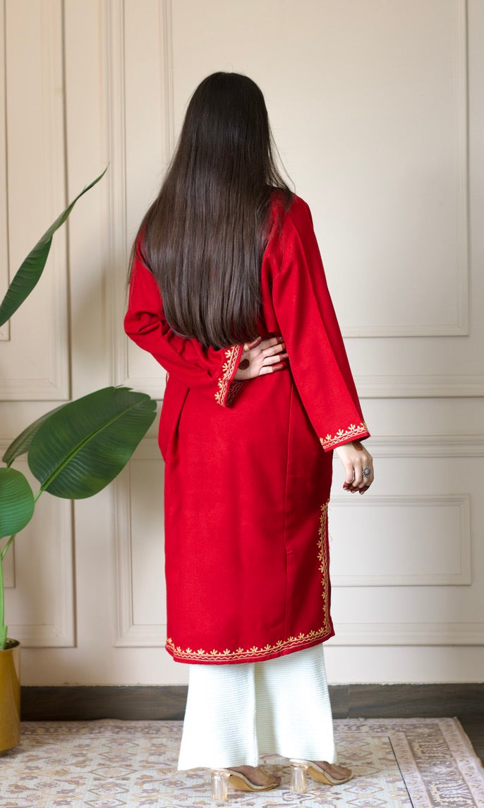 Ruby Flame  Aari Embroidered Fine Cashmilon Pheran