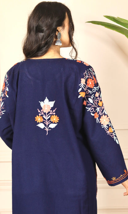 Navy Blue Aari Embroidered Fine Cashmilon Pheran