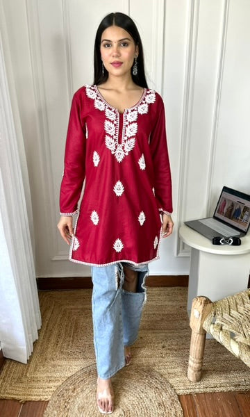 Maroon Red Chikankari Short Kurta