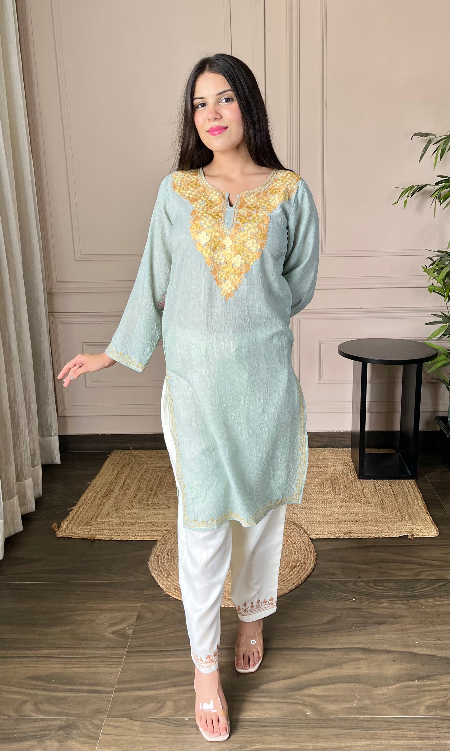 Light sea green Aari Embroidered Crushed Cotton Kurti