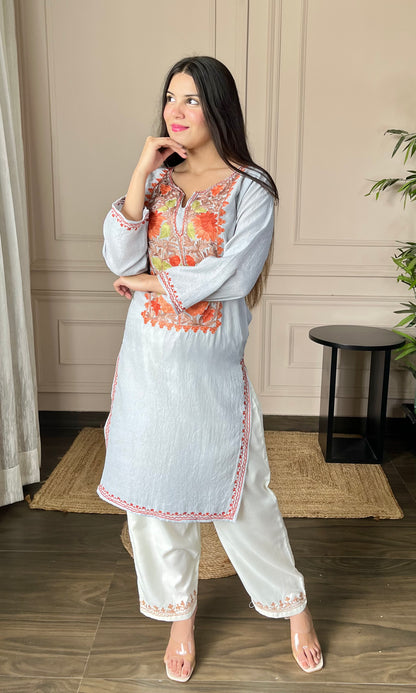 Grey Aari Embroidered Crushed Cotton Kurti