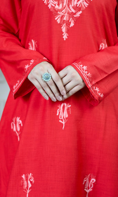 Red Aari Embroidered Cotton Co-ord Set