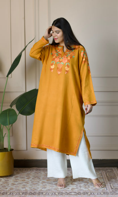Saffron Bloom Aari Embroidered Mustard Fine Cashmilon Pheran