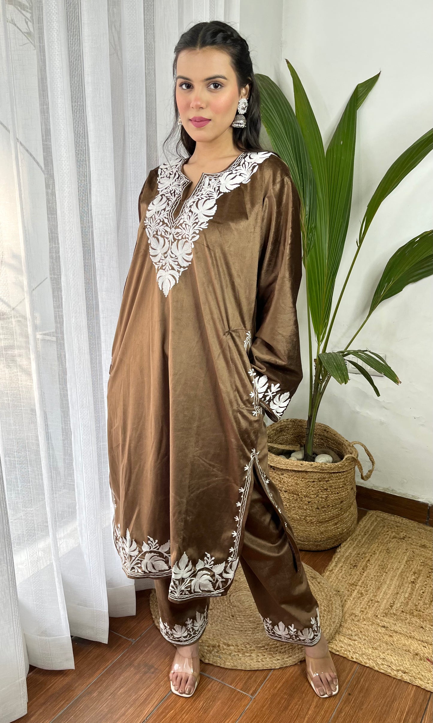 Brown Aari Embroidered Kashmiri Velvet Suit