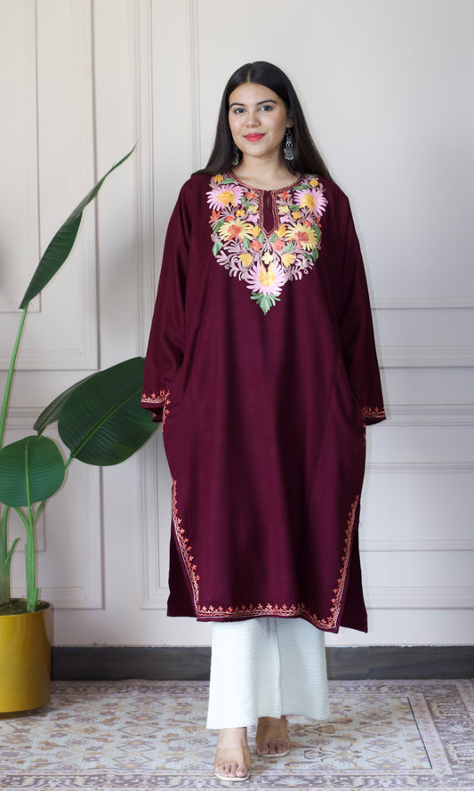 Floral Wine Aari Embroidered Fine Cashmilon Pheran