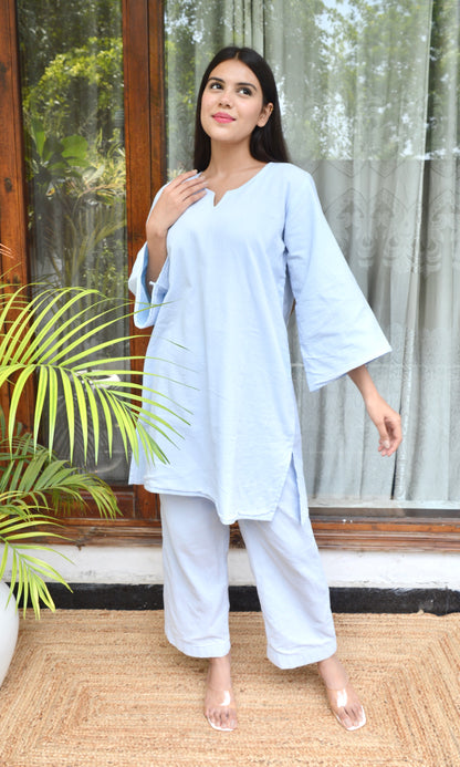 Light Blue Relaxed Fit Co-ord Set with Bell Sleeves