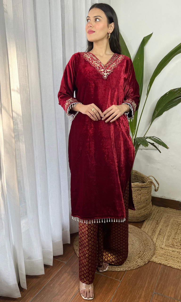 Wine Velvet Suit with Flowing Dupatta