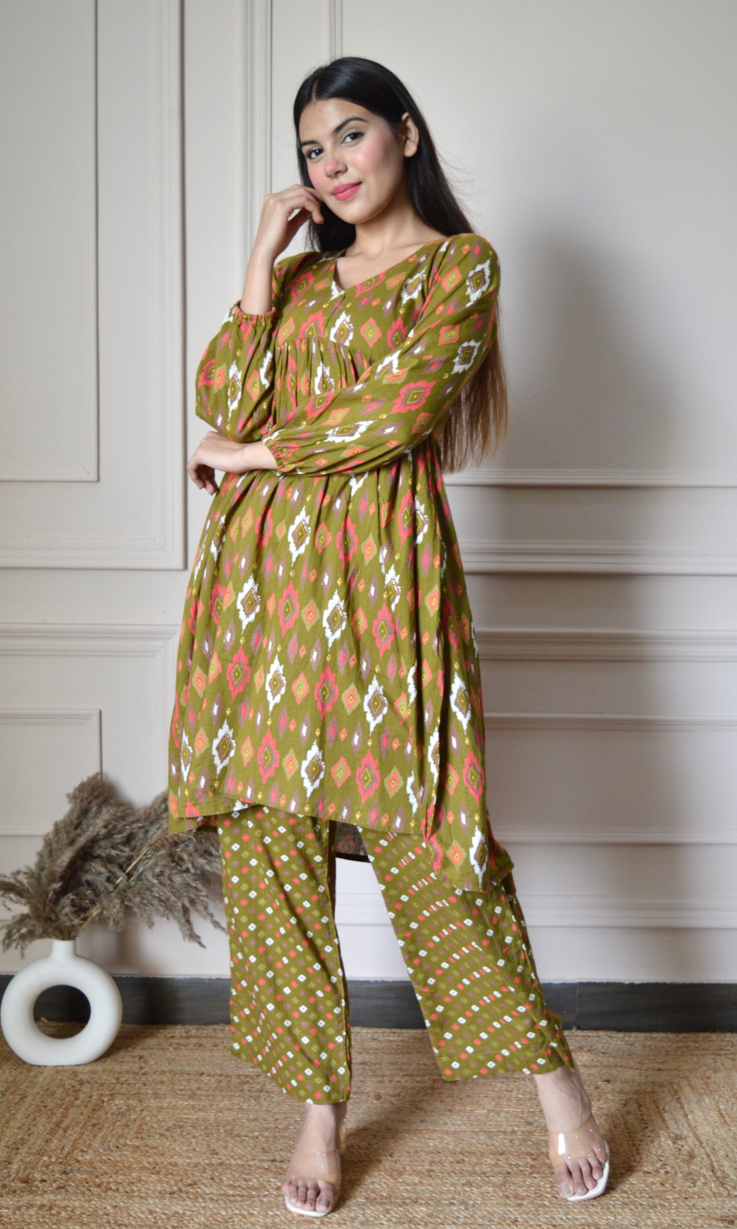 Olive Green Printed Flared Kurta with Pants