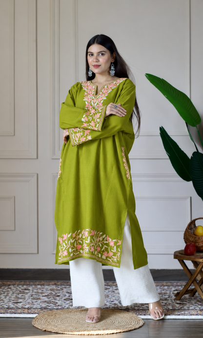 Lime Blush Petals Aari Embroidered Fine Cashmilon Pheran