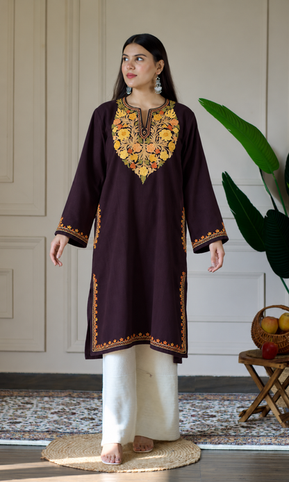 Deep Wine Saffron Ember Aari Embroidered Fine Cashmilon Pheran