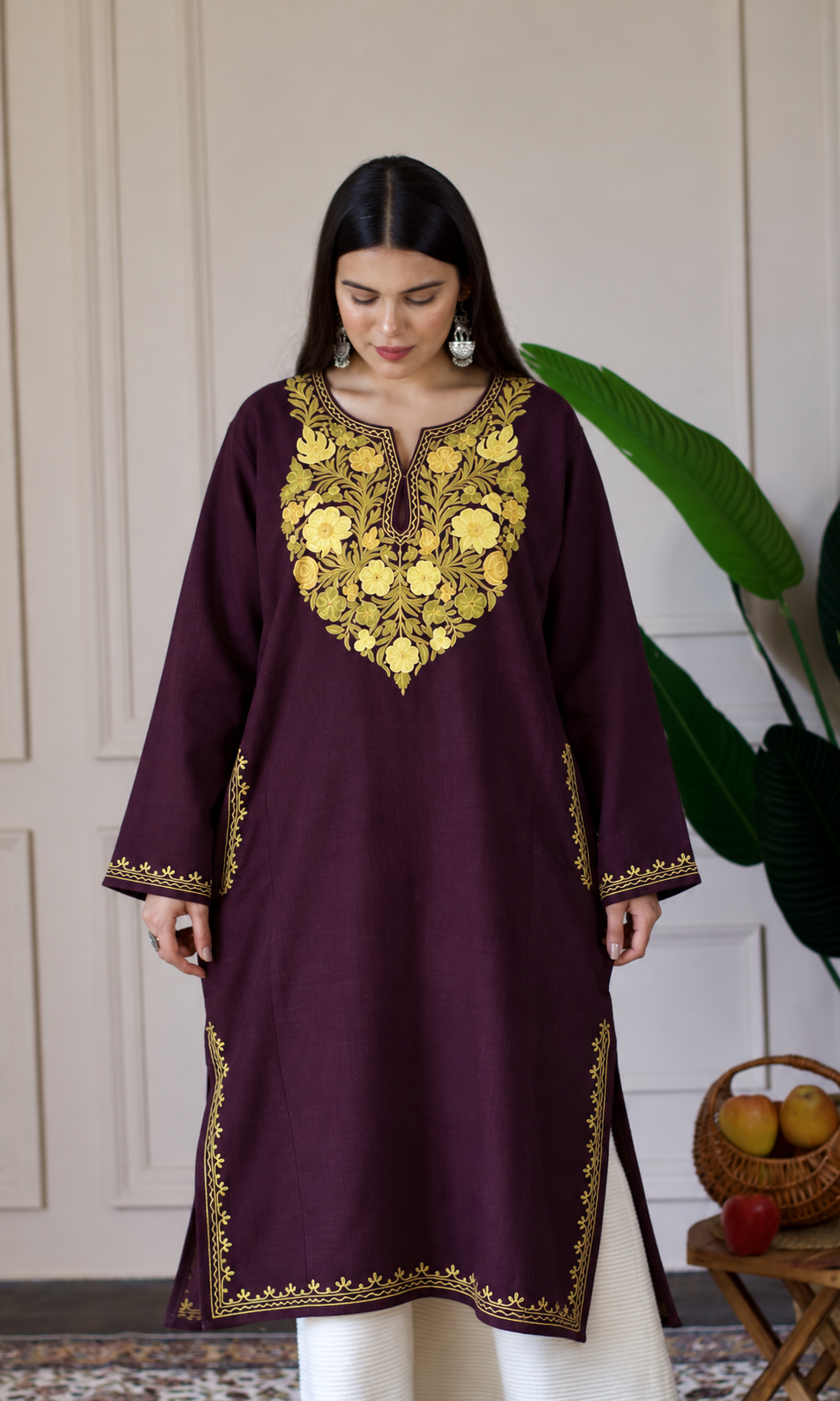 Deep Wine Sage Gold Aari Embroidered Fine Cashmilon Pheran