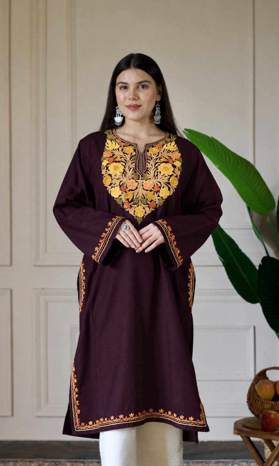 Deep Wine Saffron Ember Aari Embroidered Fine Cashmilon Pheran