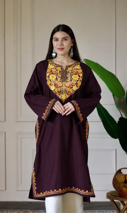 Deep Wine Saffron Ember Aari Embroidered Fine Cashmilon Pheran