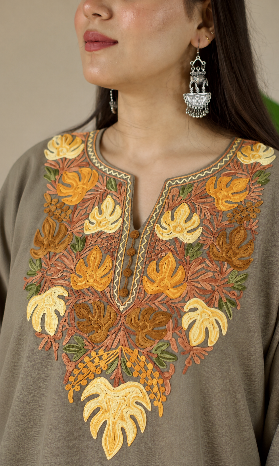 Beige Marigold Aari Embroidered Fine Cashmilon Pheran