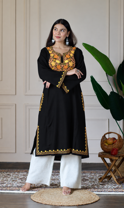 Ember Bloom Black Aari Embroidered Fine Cashmilon Pheran