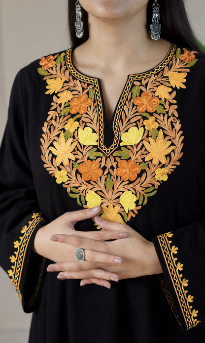 Ember Bloom Black Aari Embroidered Fine Cashmilon Pheran