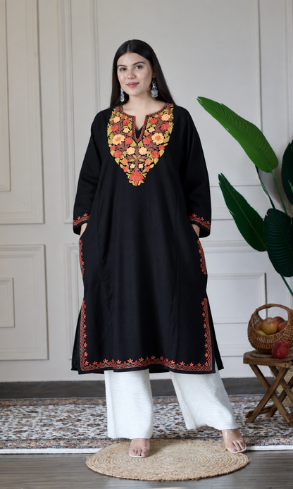 Ember Rose Black Aari Embroidered Fine Cashmilon Pheran
