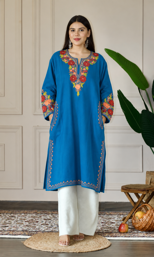 Blue Ruby Ember Aari Embroidered Fine Cashmilon Pheran