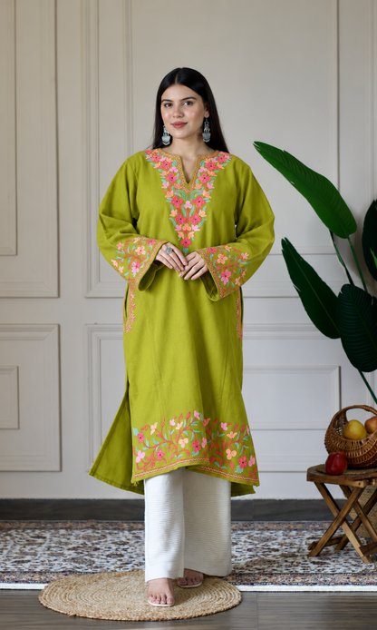 Lime Rosé Garden Aari Embroidered Fine Cashmilon Pheran