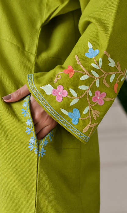 Lime Ruby Bloom Aari Embroidered Fine Cashmilon Pheran