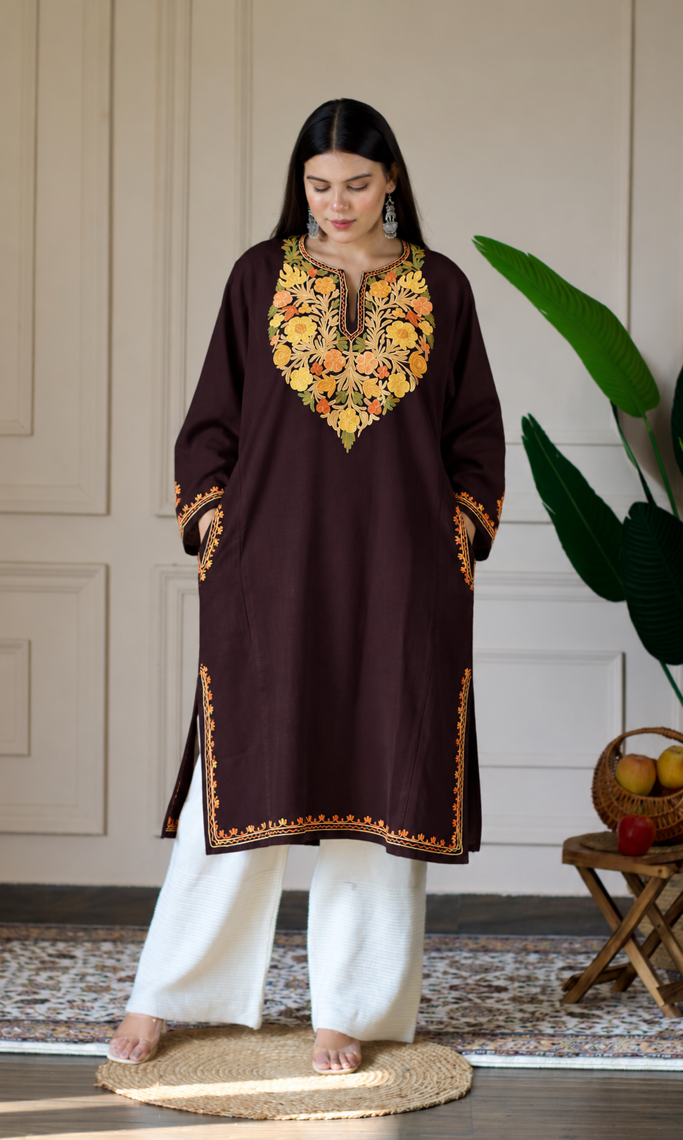 Deep Wine Saffron Ember Aari Embroidered Fine Cashmilon Pheran
