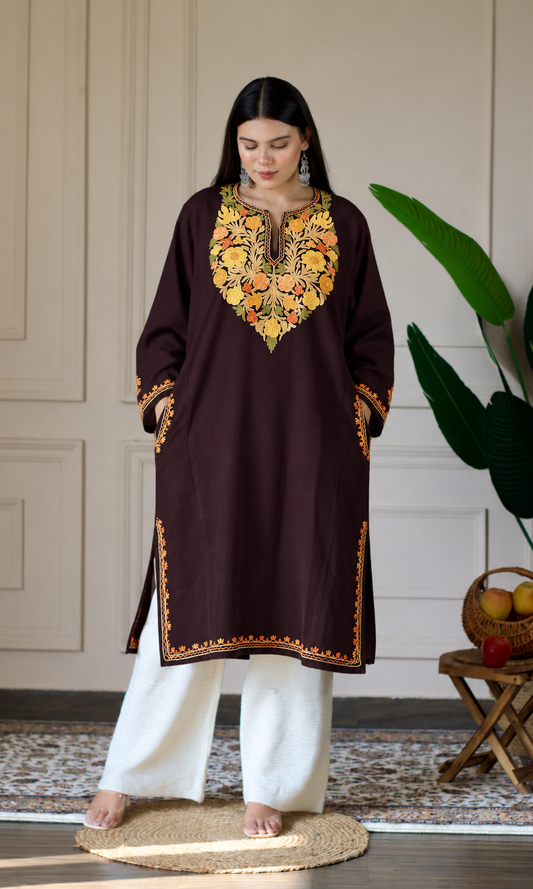 Deep Wine Saffron Ember Aari Embroidered Fine Cashmilon Pheran
