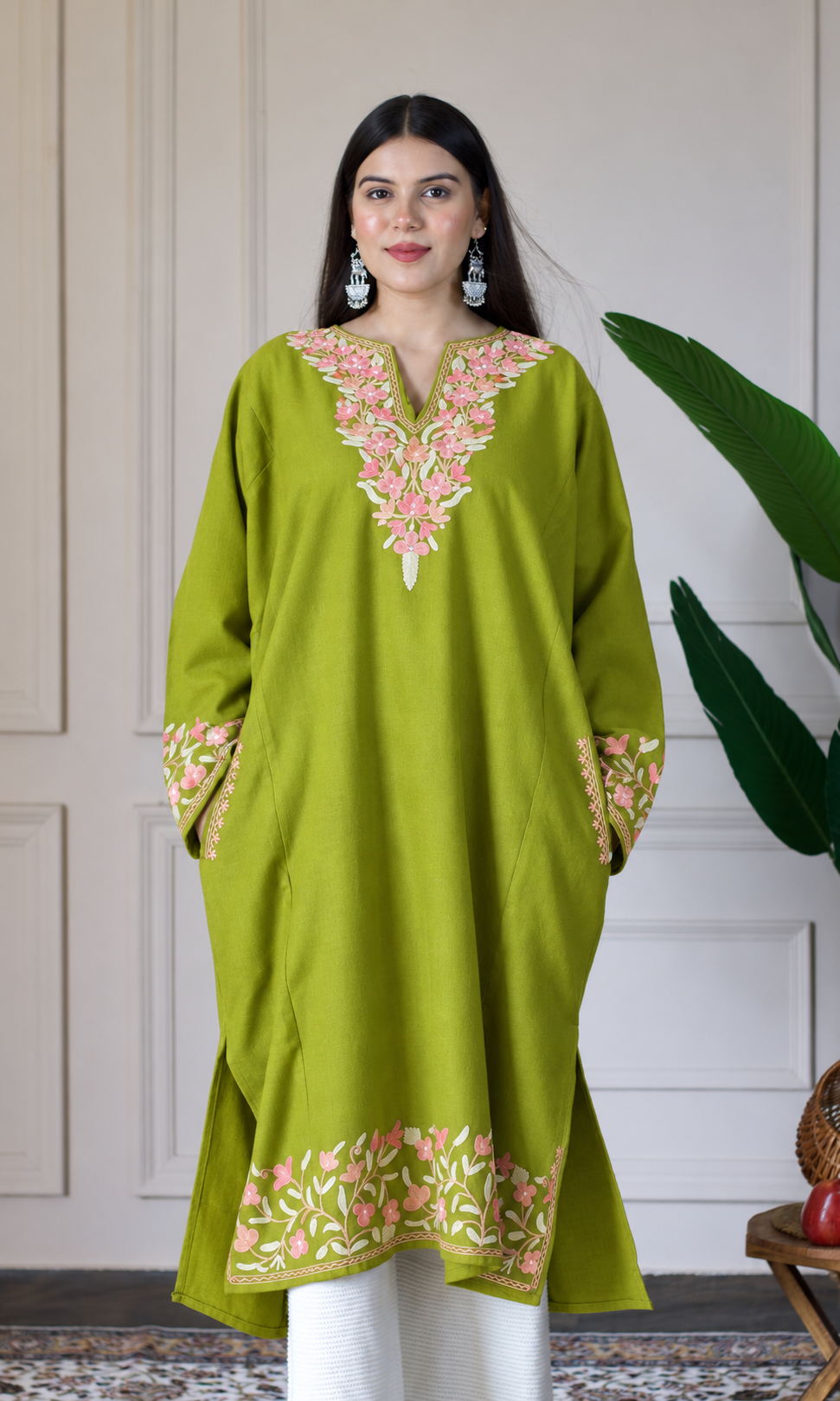 Lime Blush Petals Aari Embroidered Fine Cashmilon Pheran